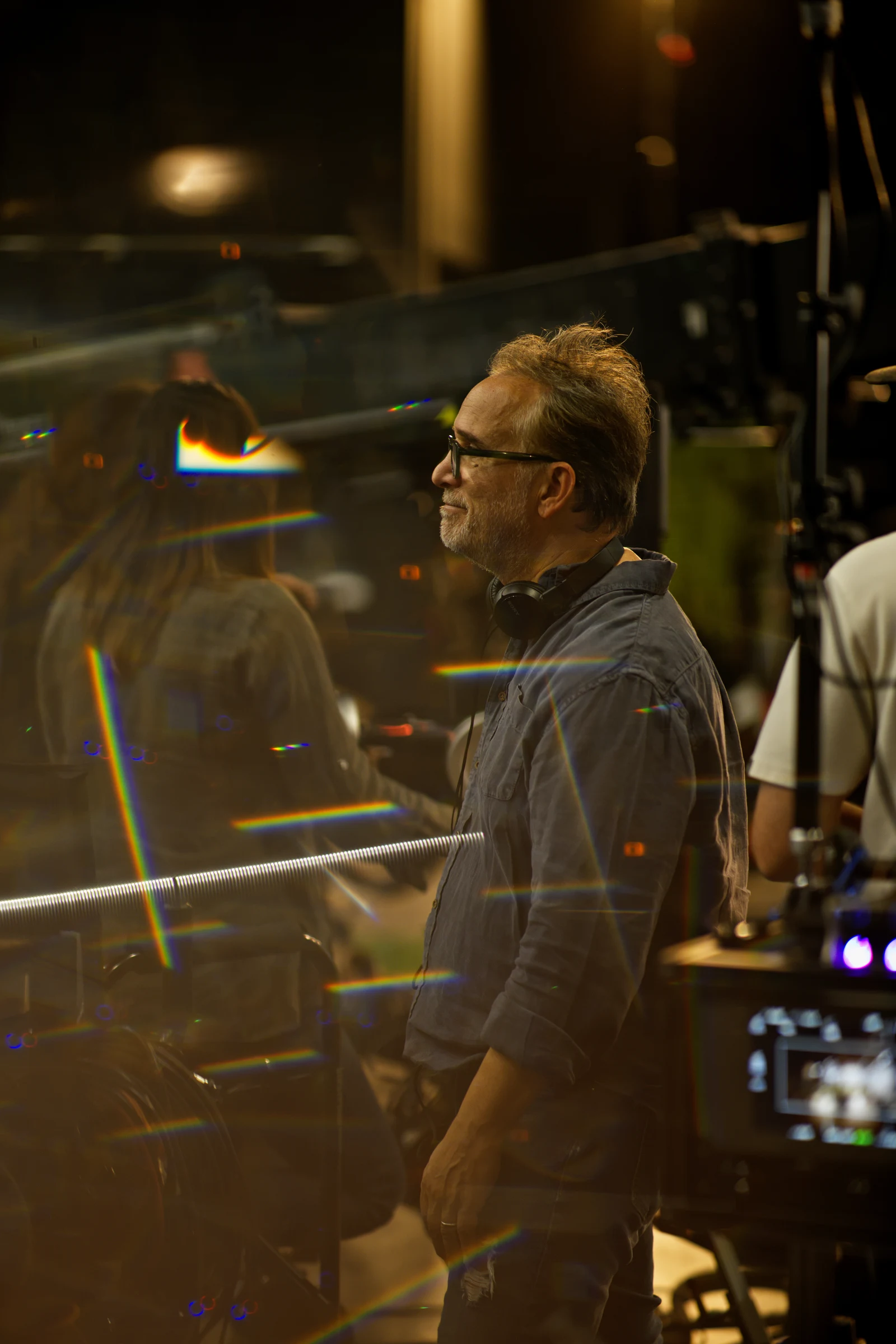 Steele Rutherford working on set